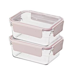 퓨어 유리 밀폐용기 직사각 1020ml 2조 세트(샌드핑크)