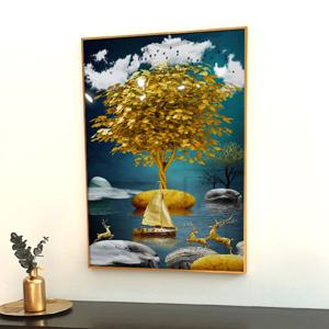 돈 들어오는 황금 나무와 사슴 세가족 미니배 풍수 거실 액자 집들이 개업 부모님 선물