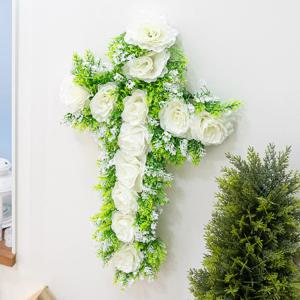 성묘 조화 꽃 십자가 화이트 장미 향기 60x40cm 추모 납골당 산소