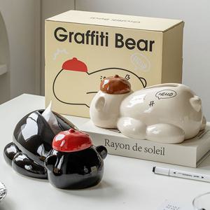 [해외] 북유럽 곰돌이 세라믹 티슈케이스 면봉 케이스 홈카페 인테리어 오브제 2colors