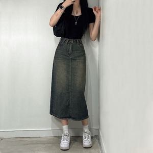 여성 데님 워싱 롱 청 스커트 뒷트임 청치마 Y2K A라인 긴 치마 하이웨스트 와이드 트임