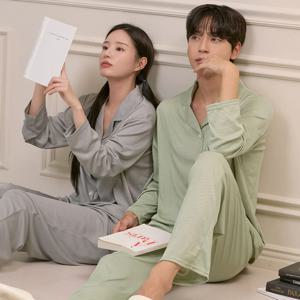 스냅 골지 긴팔 봄가을 커플 잠옷 투피스 홈웨어 파자마 3colors