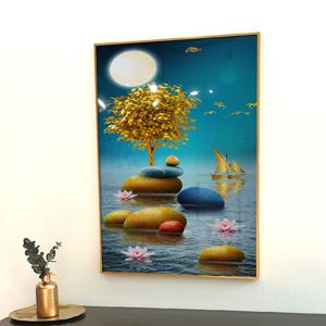 돈 들어오는 보름달 아래 황금 배 두척과 연꽃 풍수 거실 액자 집들이 개업 부모님 선물