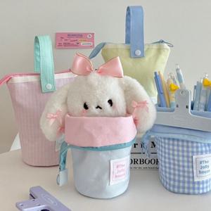 미니 손잡이 체크 무지 화장품 천 펜슬 펜 케이스 파우치 가방