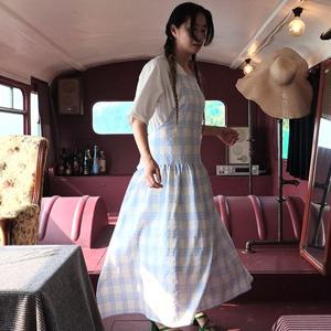 VIBE 90. 스카이블루 베이지 체크 롱 원피스 거즈 앞치마