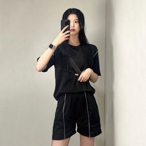 스티치 트레이닝 셋업 반팔 티 반바지 세트 SET 2color 여자 루즈핏 여성 츄리닝