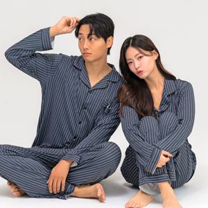 남녀공용 커플잠옷 피치기모 핀스트라이프 카라 잠옷 세트 2color 3size