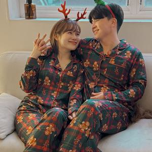 크리스마스 체크 쿠키 파자마 커플 잠옷 긴팔 상하의 1세트 (2size)