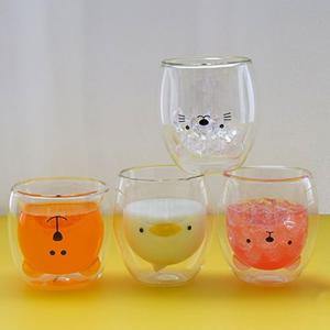 애니멀 캐릭터 2종 이중 내열 유리컵 290ml 홈카페 주스 음료 커피 디저트 유리잔
