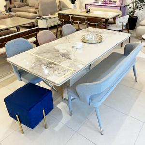 휴앤홈 로레알 6인 통 세라믹 식탁 1800 의자 세트 (벤치3인+회전 패브릭 의자3EA)