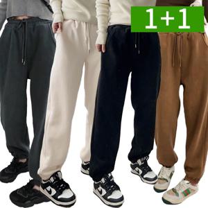 1+1 여성 기모바지 겨울 조거팬츠 밴딩 플리스 일자핏 방한바지 XL 블랙 그레이