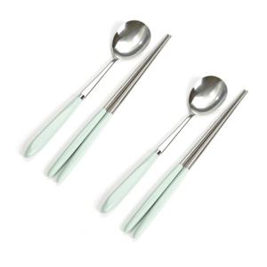 유광 스텐 젓가락 숟가락 수저세트 2개 (민트) 2인수저세트