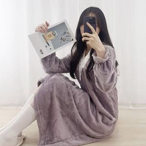 수면 아망떼 리본 레이스 프릴 셔링 극세사 여성 긴팔 홈웨어 파자마 잠옷 원피스