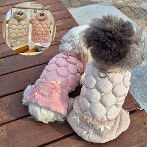 강아지 패딩 원피스 겨울옷  리본 하네스 아우터 점퍼 산책옷