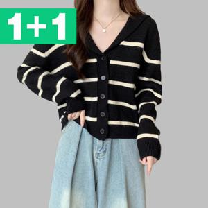 1+1 카라 가디건 아크릴 스트라이프 가을 간절기 세일러 여성 니트가디건