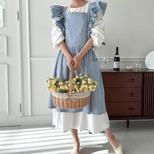 코지 린넨 코튼 롱 프릴 앞치마 주방/카페/공방/브이로그 4color