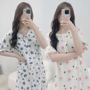 플라워 지지미 여성 여름 반팔 홈웨어 파자마 잠옷 원피스
