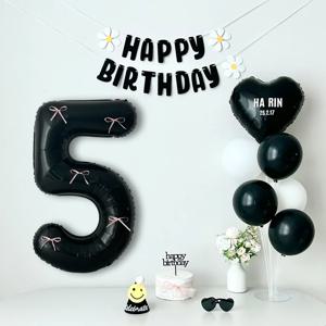 리본 숫자풍선 블랙 크림 생일 파티 가랜드 용품 세트(자유레터링)