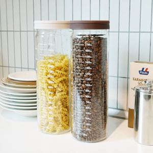 헥사 슬림 원통형 눈금 밀폐 유리병 2000ml 실리콘뚜껑 2종세트