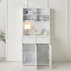 클리어 2칸 휴지통 분리수거 수납장 + 상부장 세트 white