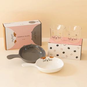 프랜들리 캣 핸들 플레이트 & 내열 유리컵 2P 세트