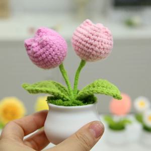 손뜨개질 꽃화분 (차량용 미니 꽃화분)  튤립 두송이