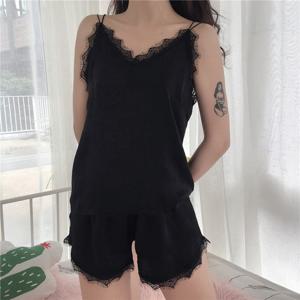 여름 잠옷 레이스 실크 끈나시 슬립 파자마 세트 2color