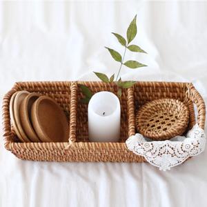 라탄 손잡이 칸막이 3칸 홈카페 바구니