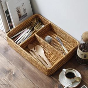 라탄 낮은 세칸 칸막이 정리함 다용도 소품 꽂이