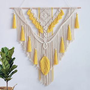 [해외] 옐로우 테슬 깃털 포인트 대형 마크라메 월행잉 벽데코 (80x90cm)