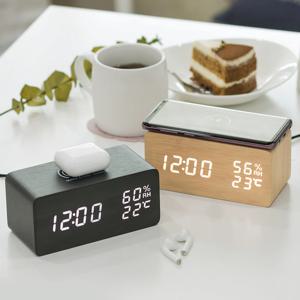 고속 무선충전 우드 온습도 LED 탁상시계_2colors