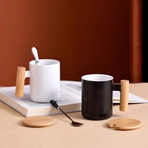 원목손잡이 뚜껑 머그컵 블랙 세트 370ml