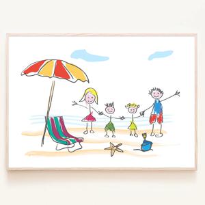 그림일기 스타일 해변 바캉스 가족 휴가 크레파스 그림 아이방 포스터 액자