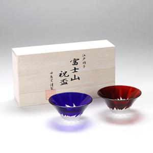[해외]일본 명품 유리공예 투명 유리 눈 덮인 후지산 사케잔 소주잔 술잔 2종 세트