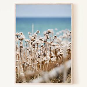 바닷가 옆 산들바람 부는 언덕의 꽃 사진 포스터 액자
