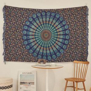 만다라 태피스트리 패브릭포스터 -  트윈 블루 피콕 레이스 (140 x 215 cm)