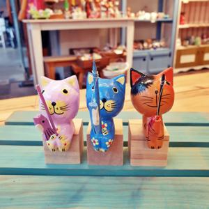 낚시 고양이 3마리세트 보라 파랑 얼룩 목각인형 장식 소품