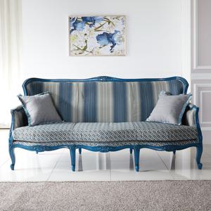 오브제 프렌치 엔틱 3인용 원목 앤틱 패브릭 소파 코발트블루