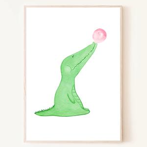 풍선껌 부는 초록초록 아기 악어 수채화 포스터