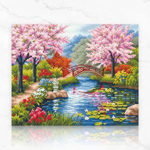 DIY 캔버스형 보석십자수 벚꽃과 호수 40X50cm