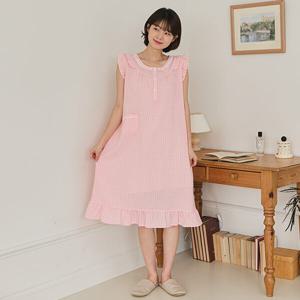 국산 여성 7263 해리체크 핑크 인견 나시 원피스 잠옷 홈웨어