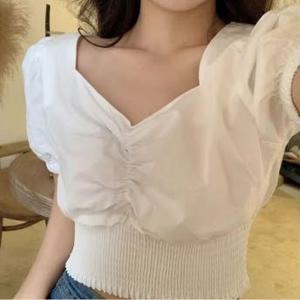 크롭 흰색블라우스 흰셔츠 스퀘어넥 화이트 블랙 셔링 퍼프