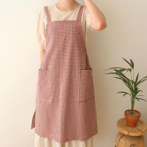 깅엄 체크 린넨 원피스 앞치마 에이프런