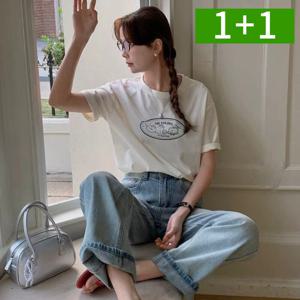 1+1 여자 면티 반팔티 라운드넥 여름 세일러 프린팅 캐주얼 여성티셔츠
