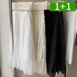 1+1 주름스커트 여성 면 A라인 플리츠 롱 스커트