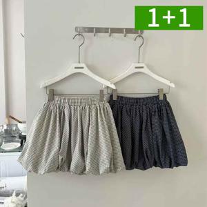 1+1 체크 벌룬 미니 스커트 하이웨스트 플레어 밴딩 치마
