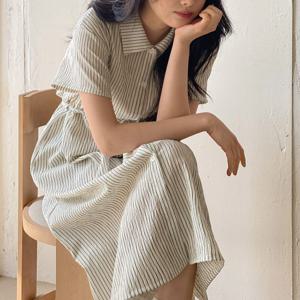 J'eu 메이트 스트라이프 자수 반팔 원피스 파자마 잠옷 2color