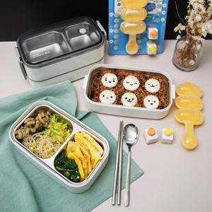 소풍 나들이 스텐 실버 2단 도시락통 + 흔들이 미니 주먹밥틀 김펀치 세트
