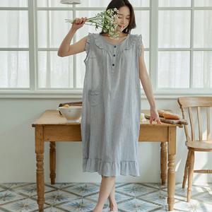 순면 여성 네이비 피너 체크 나시원피스 여름 홈웨어 잠옷 파자마