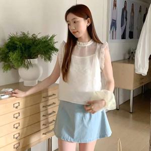 시스루블라우스 긴팔 무지 레이스 프릴 여성 블라우스